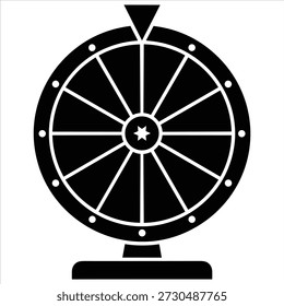 Spinning wheel of fortune icon, symbolizing games, luck, chance, and prizes in a bold black graphic.