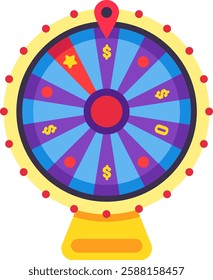 Spinning wheel of fortune landing on the jackpot, showcasing vibrant dollar symbols and a striking red star, representing the ultimate prize in a thrilling game of chance