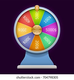 Spinning wheel of fortune. Money win casino game. 3D realistic style. Vector illustration