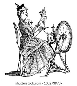 Spinning Wheel muss buzz und whirlpool, es ist ein Gerät zum Spinnen von Gewinde oder Garnen aus natürlichen oder synthetischen Fasern, Räder wurden erstmals in Indien verwendet, Vintage-Linie Zeichnung oder Gravitation Illustration.