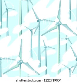 Spinning wind turbines in the cloudy sky. Vector seamless pattern
