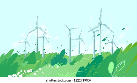 Spinning wind turbines in the green field with leaves blowing out of the bushes. Vector graphic