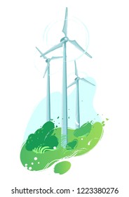 Spinning wind turbines in the green field with leaves blowing out of the bushes. Vector graphic isolated on white background