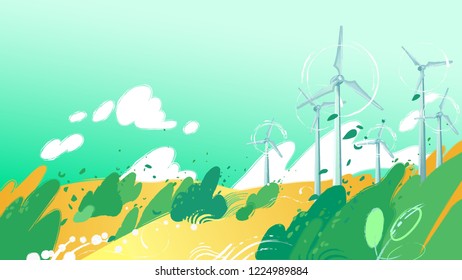 Spinning wind turbines in the yellow fields with leaves blowing out of the bushes. Vector graphic