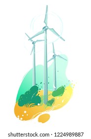 Spinning wind turbines in the yellow fields with leaves blowing out of the bushes. Vector graphic isolated on white background