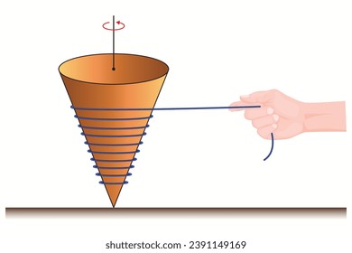 Spinning wood. Pulling the rope. Torque applied to the top. Angular momentum. Physics kinetic energy. Physics, chemistry, mathematics, geometry.