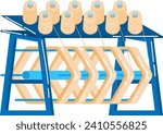 Spinning yarn machine with multiple spools of thread, textile manufacturing equipment. Industrial theme, manufacturing machinery vector illustration.