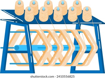 Spinning yarn machine with multiple spools of thread, textile manufacturing equipment. Industrial theme, manufacturing machinery vector illustration.