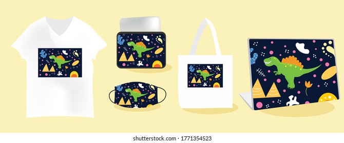 Spinosaurus  background with Mockup templates vector illustration. tote bag, pouch, t-shirt, mask, skin laptop