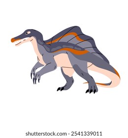 Spinosaurus. Big carnivorous dinosaur with claws. Dangerous dino, reptile with neural spines. Ancient animal of Jurassic era. Paleontology. Flat isolated vector illustration on white background