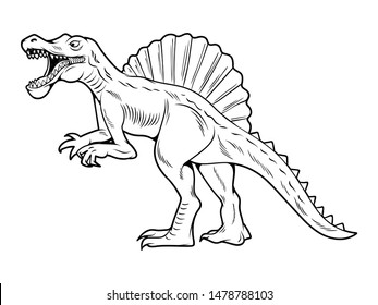 Spinosaurus big dangerous dino dinosaur. Cartoon character illustration drawing engraving ink line art vector. Isolated white background for print design t shirt clothes sticker poster badge.