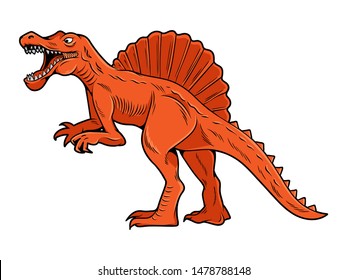 Spinosaurus big dangerous dino dinosaur. Cartoon character illustration drawing engraving ink line art vector. Isolated white background for print design t shirt clothes sticker poster badge.