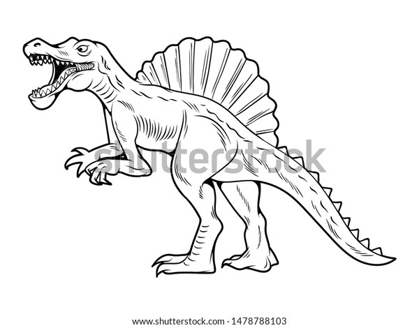 スピノサウルスの大きな危険なディノ恐竜 インキの線画のベクター画像を描いた漫画の文字イラスト プリントデザインの白い背景にシャツの服のシールポスターバッジ のベクター画像素材 ロイヤリティフリー