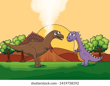 spinosaurus and carnotaurus with volcano smoke and trees