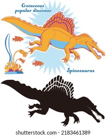 Spinosaurier.
Kreidemedinosaurier.
Eine Reihe von Silhouetten und farbigen Illustrationen.