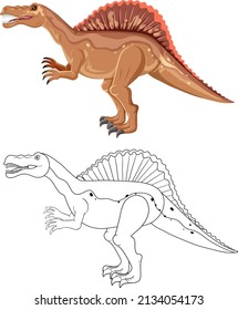 Spinosaurus dinosaur with its doodle outline on white background illustration