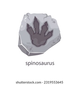 Spinosaurus dinosaur footprint fossil, archeology stone. Extinct dinosaur paw ground trace, jurassic reptile foot museum fossil track or prehistory Spinosaurus animal step vector stone imprint