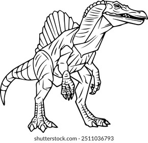 Spinosaurus dinosaur is a giant theropod that can grow up to 15 meters with a height of about 5 meters and weigh up to 7.6 tons. black and white silhouette design is good for children's learning