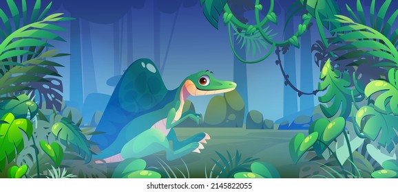 Spinosaurus dinosaur in jungle, dino monster, prehistoric wild animal on tropical forest background with palm tree leaves. Jurassic period ancient creature. Cartoon game personage vector illustration