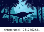 Spinosaurus dinosaur silhouette in mist jungle at night, prehistoric forest nature landscape vector background. Spinosaurus dinosaur, dimorphodon and tapejara dino animals, tree and plant silhouettes