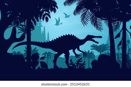 Spinosaurus dinosaur silhouette in mist jungle at night, prehistoric forest nature landscape vector background. Spinosaurus dinosaur, dimorphodon and tapejara dino animals, tree and plant silhouettes