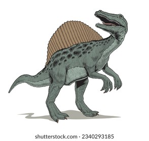 Spinosaurus dinosaur standing, isolated on white background. Comic book style vector illustration.