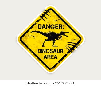 Sinal de aviso de dinossauro Spinosaurus com arranhões de marca de garra. Banner em forma de losango amarelo e preto grungy vetor com silhueta de predador dino perigo. Mensagem de alerta de perigo, quadro de sinalização de alerta