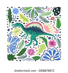 Spinosaurus emerald, prehistoric dinosaurs collection. Ancient animals. Hand drawn. In a frame of flowers and leaves.