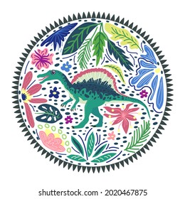 Spinosaurus emerald, prehistoric dinosaurs collection. Ancient animals. Hand drawn. In a frame of flowers and leaves.
