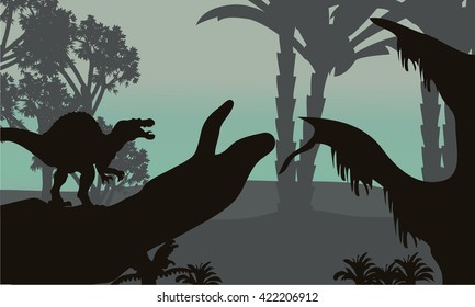 spinosaurus in forest scenery silhouette and tree