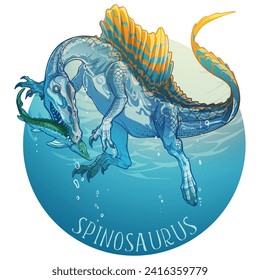 Spinosaurus hunting on fish. Colored linear hand drawing isolated on a white background. Paleoart illustration. Sticker or badge. EPS10 Vector illustration