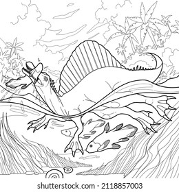 Spinosaurus hunts on a fish in a waters of a sea, ocean or a river. Prehistoric world of dinosaurs. Vector line graphics for coloring books