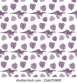 Spinosaurus Monstera Seamless Pattern. Vector Illustration of Nature Dinosaur Animal.