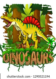 Spinosaurus on the background of the forest. Vector logo. Dinosaur world