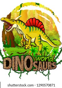 Spinosaurus on the background of the forest. Vector logo. Dinosaur world