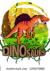 Spinosaurus on the background of the forest. Vector logo. Dinosaur world