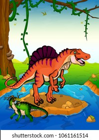 Spinosaurus on the background of a waterfall.