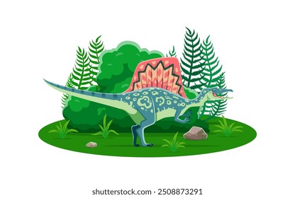 Spinosaurus prehistoric dinosaur cartoon character. Vector theropod dino with sail-like structure along its back and semi-aquatic adaptations. piscivorous reptile animal at mid-Cretaceous period scene