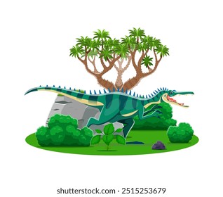 Personaje de dinosaurio prehistórico de Spinosaurus en un exuberante paisaje de hábitat natural de bosque con un árbol, roca y arbustos. Vector de dibujos animados aislado reptil piscívoro antiguo animal de la era del Cretácico medio