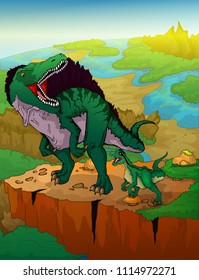 Spinosaurus and raptor with landscape background. Vector illustration.