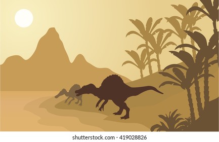 Spinosaurus in river silhouette scenery with brown backgrounds