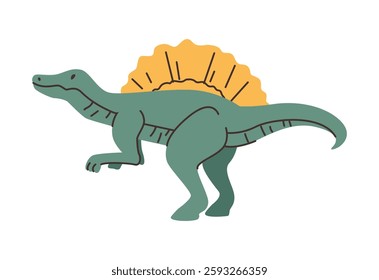 Spinosaurus or spine lizard, isolated semi aquatic dinosaur character with sail on back. Vector hunting aquatic prey or fish eater. Formidable predator, prehistoric lizard, wild fauna