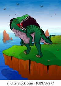 Spinosauruson the background of the sea. Vector illustration.