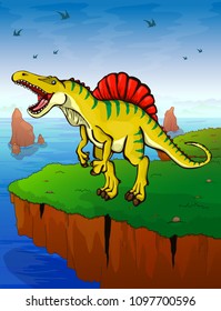 Spinosauruson the background of the sea. Vector illustration.