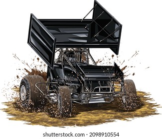 spint car, dirt racing, isolated on white background for poster, t shirt print, business element, social media content, blog, sticker, vlog, and card. vector illustration.