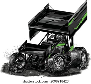 spint car, dirt racing, isolated on white background for poster, t shirt print, business element, social media content, blog, sticker, vlog, and card. vector illustration.