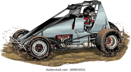 spint car, dirt racing, isolated on white background for poster, t shirt print, business element, social media content, blog, sticker, vlog, and card. vector illustration.