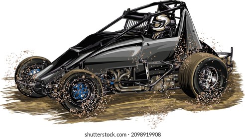 spint car, dirt racing, isolated on white background for poster, t shirt print, business element, social media content, blog, sticker, vlog, and card. vector illustration.