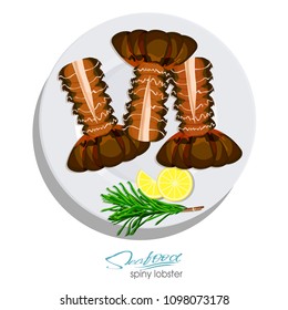 Spiny lobster with rosemary and lemon on the plate in cartoon style. Fresh spiny lobster. Seafood product design. Inhabitant wildlife of underwater world. Edible sea food. Vector illustration