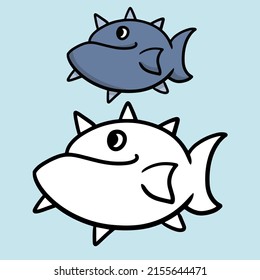 Spiny tropical sea fish, balloon fish, vector cartoon illustration for coloring book